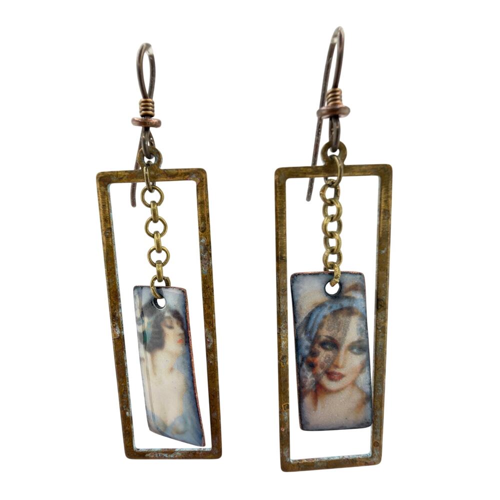 NEW Artisan Handcrafted Rectangular Enamel Face Dangle Earrings